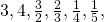 3, 4, \frac{3}{2}, \frac{2}{3}, \frac{1}{4}, \frac{1}{5},