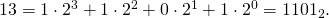 13=1\cdot 2^3+1\cdot 2^2+0\cdot 2^1+1\cdot 2^0=1101_2.